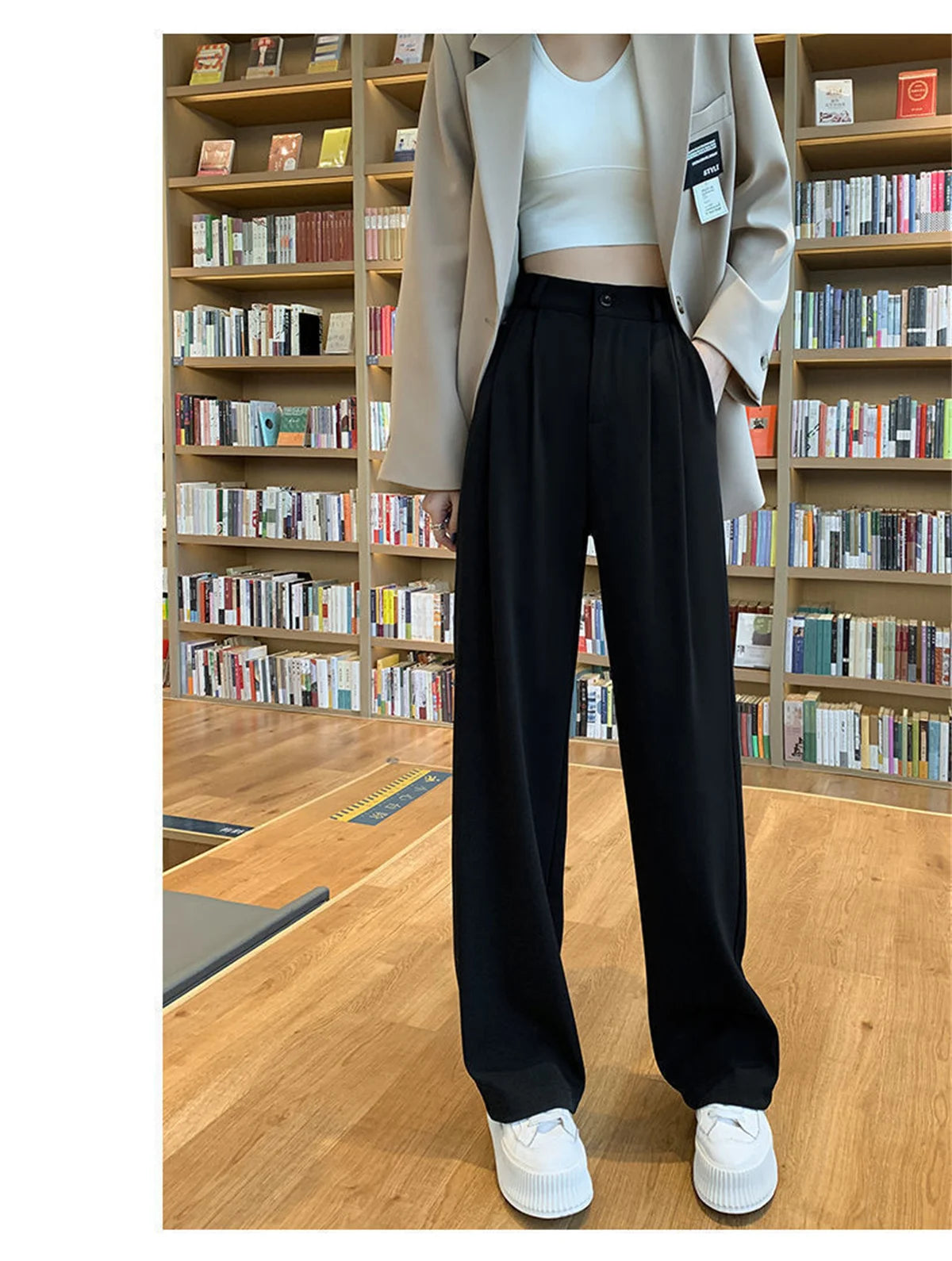 Fashion High Waist Wide Leg Pants Women Spring Fall Baggy Black Trouser Office Ladies Full Length Straight Suit Pant Outwear New.