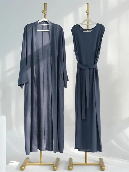 Eid Summer Cotton Linen Kimono Coat Dubai Open Abaya 2024 Muslim for Women Set Retro Kaftan Modest Dresses Islam Clothing Kebaya.