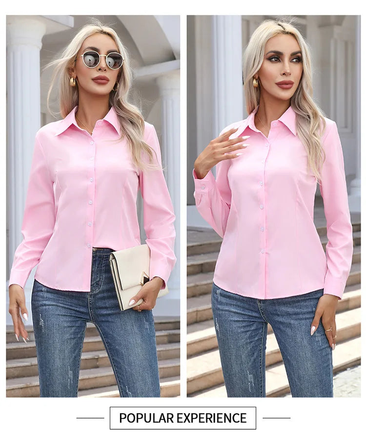 1pcs Woman Spring Autumn Solid color Shirts Lady Casual Long Sleeve Turn-down Collar Loose Shirt Female Fashion Temperament Tops.