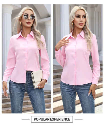 1pcs Woman Spring Autumn Solid color Shirts Lady Casual Long Sleeve Turn-down Collar Loose Shirt Female Fashion Temperament Tops.