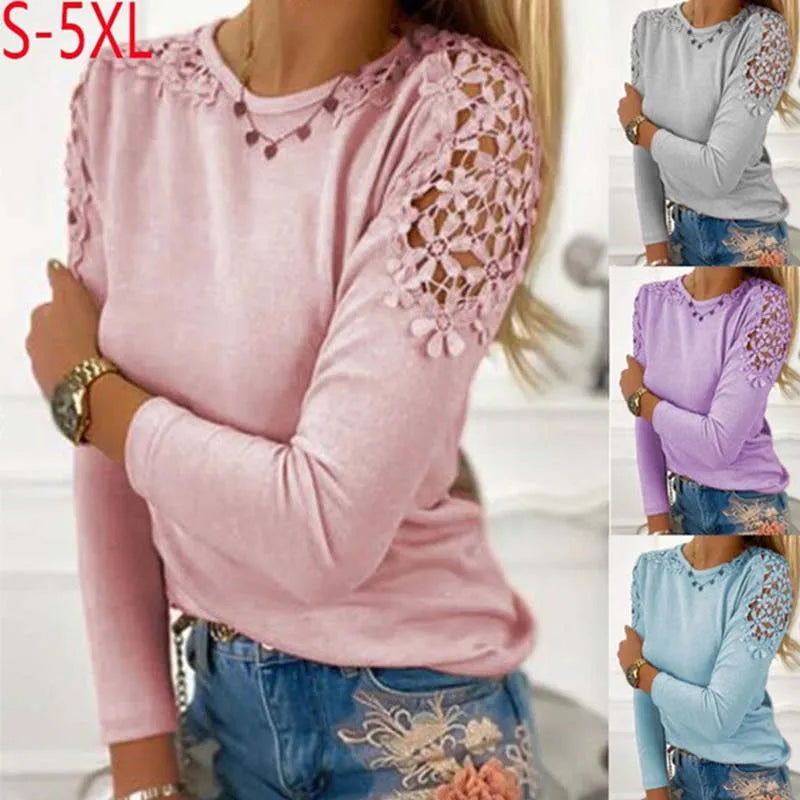 Women Autumn Solid T Shirt Lace O Neck Long Sleeve Female Casual Loose Plus Size Blouse Tops 3Xl.