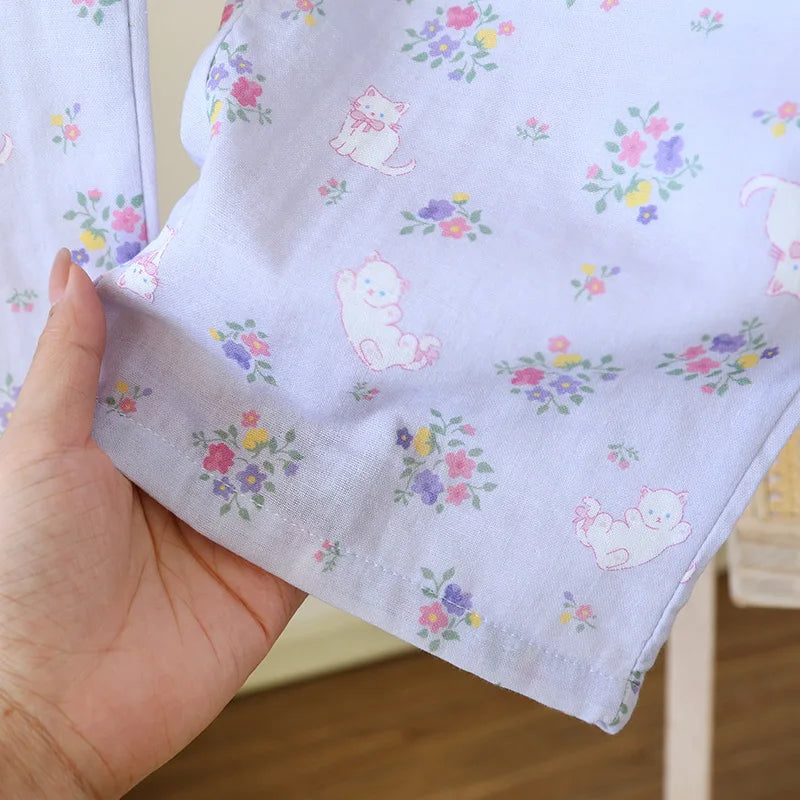 Spitzen-Design, Rundhals-Pyjama-Set aus Baumwolle, doppellagig, Gaze, für Damen, vier Jahreszeiten, dünne, langärmelige Hosen, Strickjacken, Kleidung.