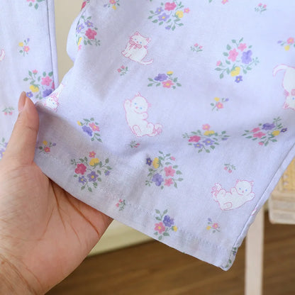 Spitzen-Design, Rundhals-Pyjama-Set aus Baumwolle, doppellagig, Gaze, für Damen, vier Jahreszeiten, dünne, langärmelige Hosen, Strickjacken, Kleidung.