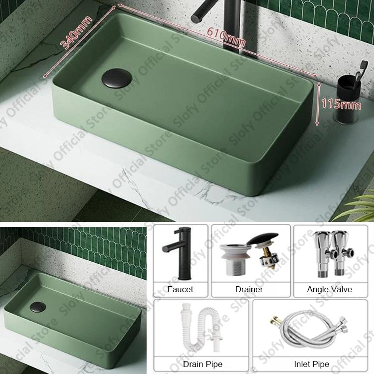 Grünes Haushalts-Hotel-Badezimmerwaschbecken, einfaches künstlerisches Keramik-Waschbecken über der Theke, Sockelwaschbecken, Balkon, Waschmaschine, Waschbecken
