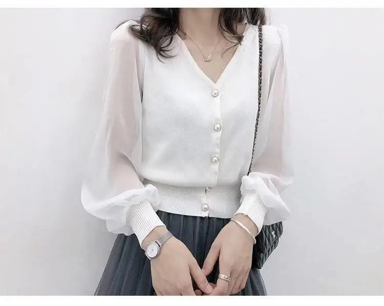clothe Women's Spring Autumn Style Chiffon Blouses Shirt Women's Knitted Button Long Sleeve Solid Color Lace Patchwork Tops.