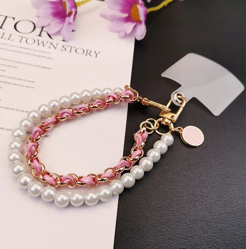 26cm Leather Pearl Camellia Mobile Phone Charm Bracelet Chain Anti-lost Universal Cell Phone Strap Rope Pendant Metal Key Chain.