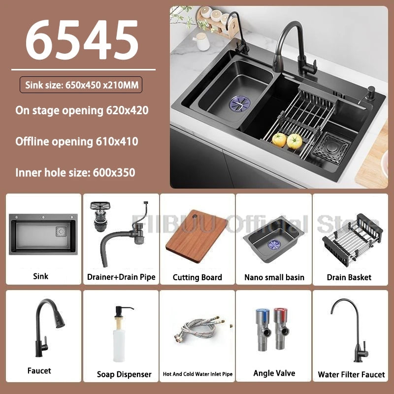 Küchenspüle, verdickter Edelstahl 304, doppelspurig, abgestuft, multifunktional, großer Einzelschlitz, Wasch-/Schnitt-/Abfluss in einem kompletten Satz