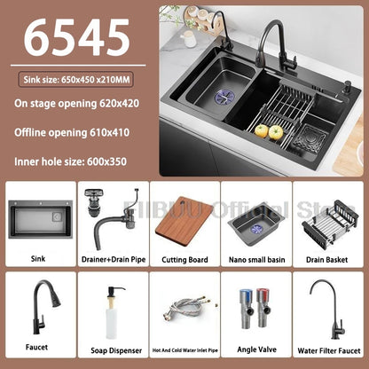 Küchenspüle, verdickter Edelstahl 304, doppelspurig, abgestuft, multifunktional, großer Einzelschlitz, Wasch-/Schnitt-/Abfluss in einem kompletten Satz