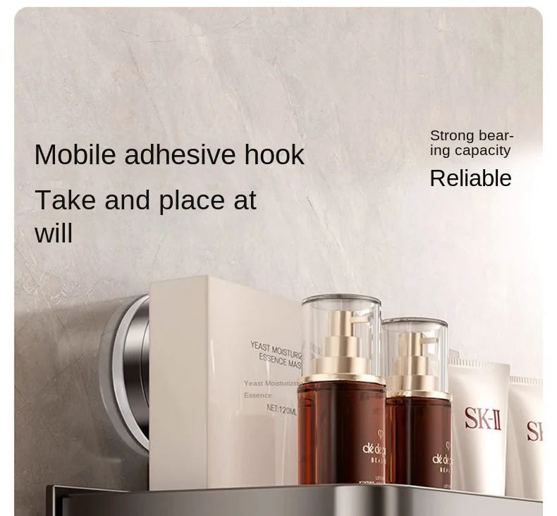 Bewegliches Badezimmerregal ohne Bohren – 30/40/50 cm Saugnapf-Organizer mit Haken/Stange, einfach zu installieren und zu reinigen, wasserdichtes Toilettenregal