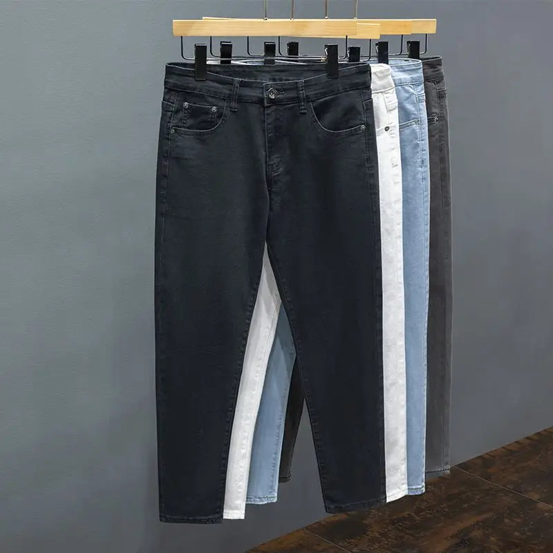 White Jeans Men's Slim Straight Ankle-length Soft Comfort Elastic Denim Trousers Fashion Korean Basic Casual Pencil Pants.