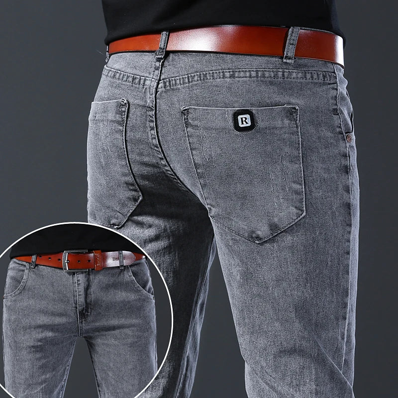 New style jeans, men's slim fit, Korean style comfortable straight leg elastic gray mid waist pants, men's casual denim pants.