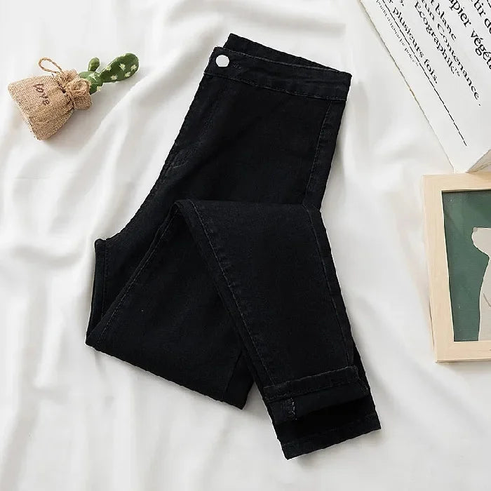 High Waist Slim Fit Stretchy Denim Pants Retro Butt Enhancing Cuff Jeans Black Pencil Pants Fashionable Elastic Trousers.