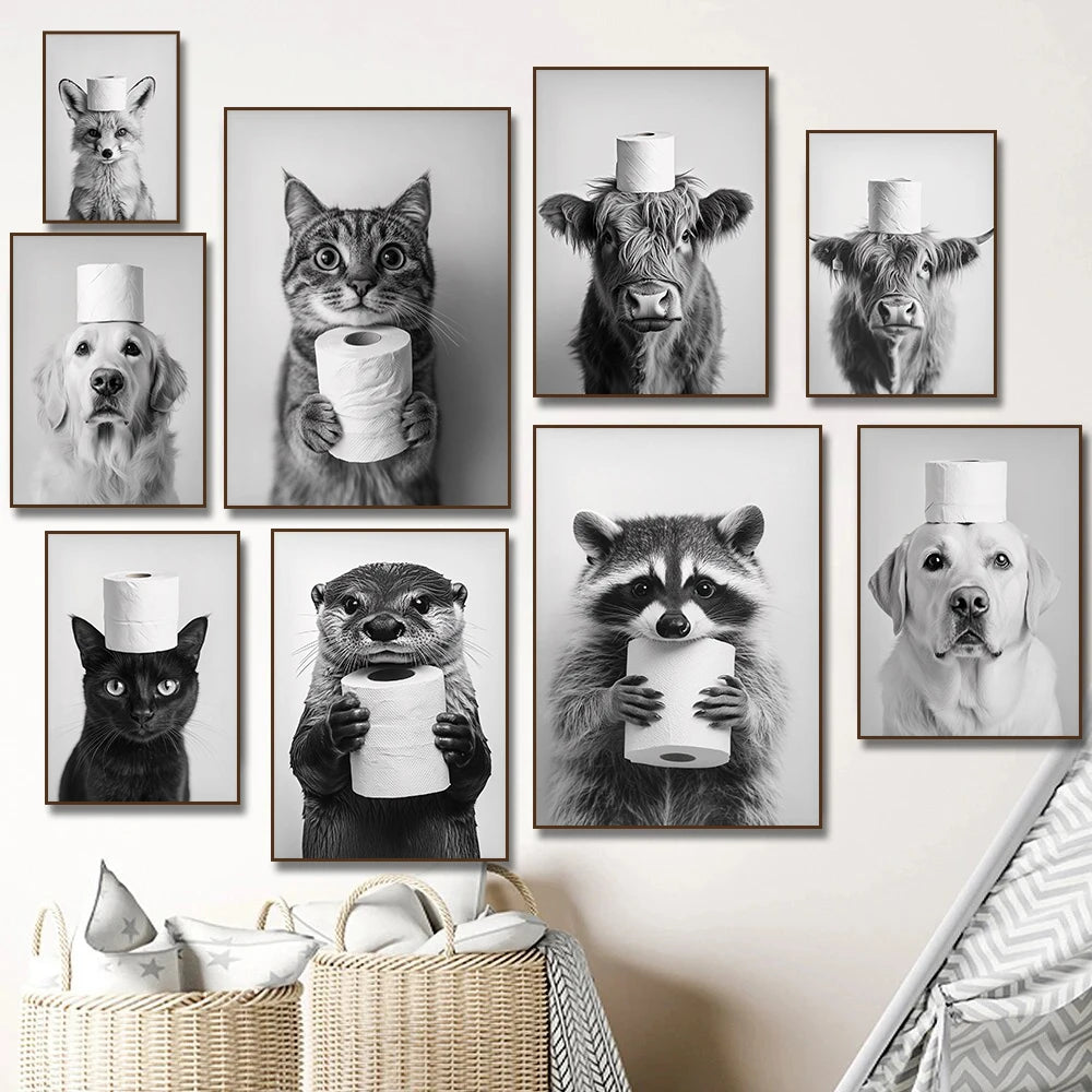 Highland Cow Otter Cat  Raccoon with Toilet Paper Poster Print Canvas Painting Bathroom Wall Art Funny Toilet Humor Home Decor.