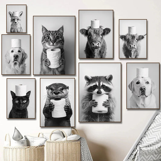 Highland Cow Otter Cat  Raccoon with Toilet Paper Poster Print Canvas Painting Bathroom Wall Art Funny Toilet Humor Home Decor.