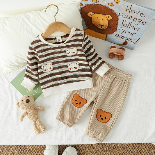 2Pcs Baby Neue Stil Mode Jungen Herbst Langarm Top Mit Gestreiften & Feste Hosen Mit Bär 1-3Y casual Daliy Tragen Kleidung Set.