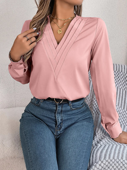 Summer And Autumn Women's Casual Shirt, Commuting Style Solid Color V-neck Long Sleeve Shirt Top