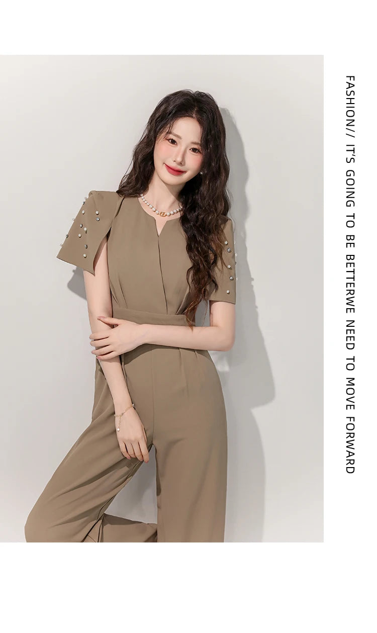 Women's Luxury Diamond-Studded Jumpsuit – Slim Fit Wide Leg Palazzo Pants, Autumn Short Sleeve Romper with High Waist.