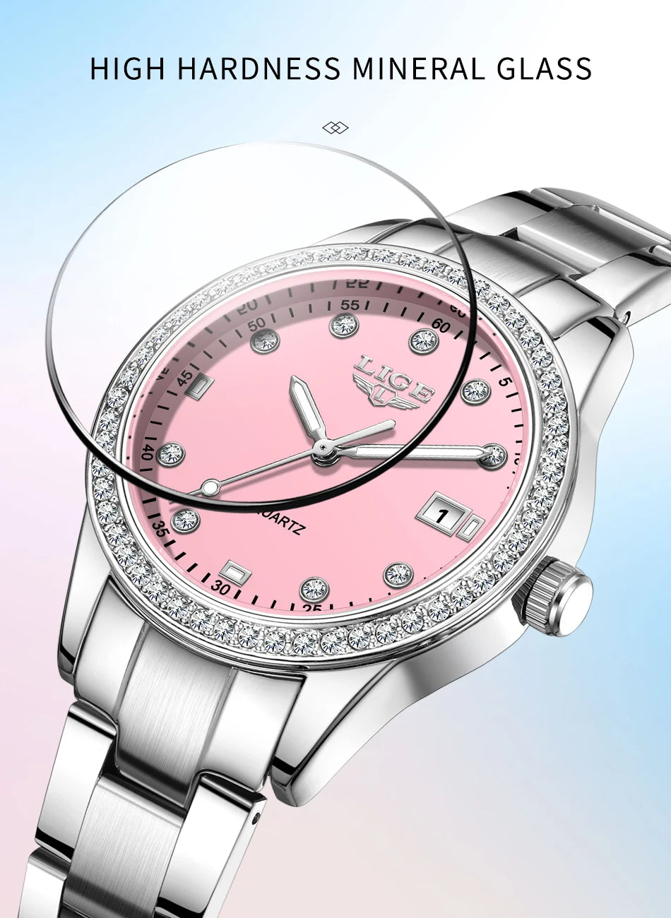 LIGE 2025 Diamond Women's Watch Fashion Elegant Quartz Wristwatches Waterproof Steel Strap Watch For Ladies Gifts Reloj Mujer.