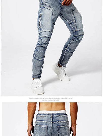 Two tone distressed patchwork jeans for men trendy jeans for summer thin straight leg pants slim fit small leg distressed jeans.