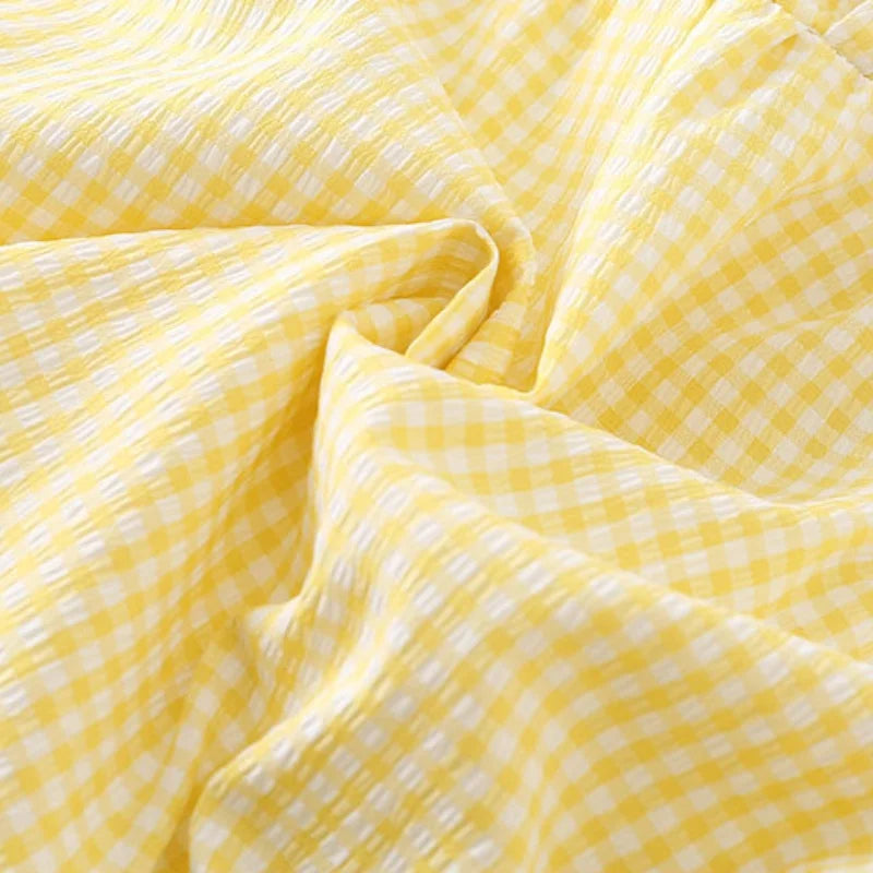 0–2 Jahre Neugeborene Kinder, bezaubernder Baby-Mädchen-Strampler aus Baumwollgaze, gelb kariert, bezauberndes besticktes Enten-Design – weich und süß.