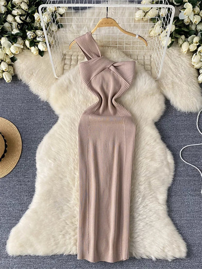 SINGREINY Einzelnen Schulter Tinte Stricken Kleid Backless Tank Gestreiften Schlank Bodycon Sommerkleid Frauen Sommer Beachwear Sexy Chic Vestidos
