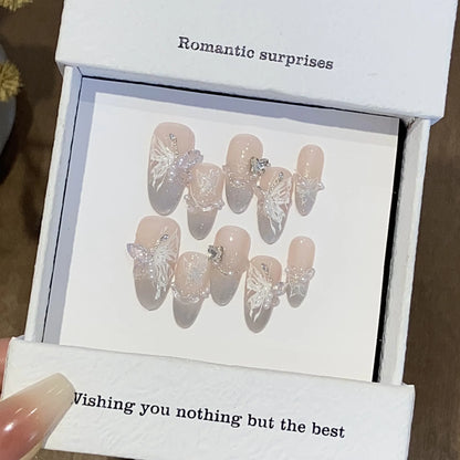 10pc Cat Eye Almond Handmade Press on Nails Light Blue Bow Fake Nails False Nails Artificial Nail Wearable Nail Tips Art Uñas.