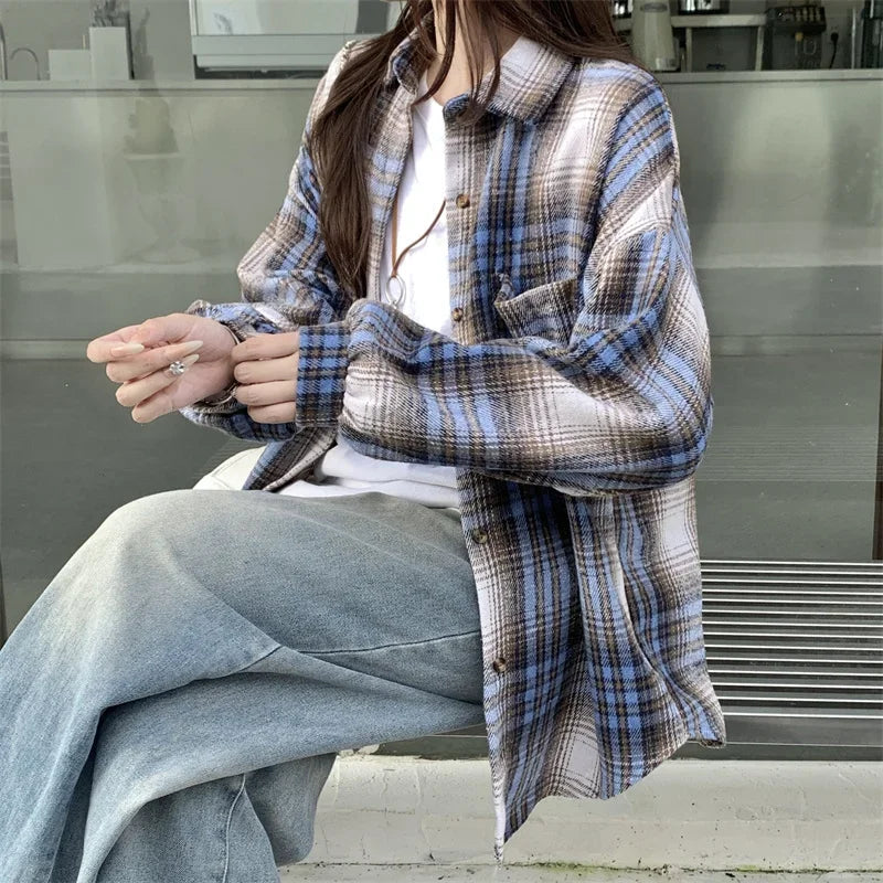 Zjaiss Women Thick Woolen Plaid Blouse Loose Long Sleeved Tops 2025 Autumn Winter New Casual Shirt Long Shirts