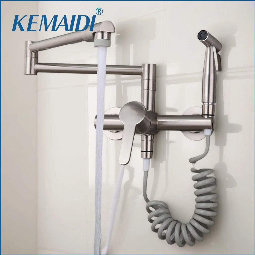 KEMAIDI Pot Filler Faucet Wall Mount Folding Faucet 2 Handle with Double Joint Swing Arms Brass Commercial Kitchen Faucets