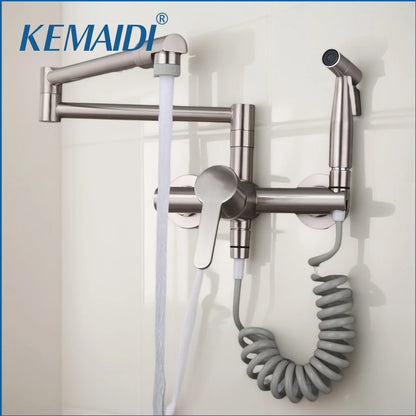 KEMAIDI Pot Filler Faucet Wall Mount Folding Faucet 2 Handle with Double Joint Swing Arms Brass Commercial Kitchen Faucets