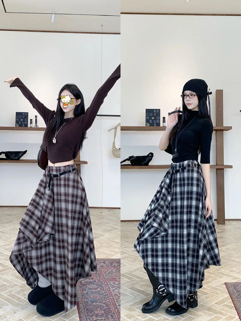 Qiukichonson Long Skirts Women Woolen Skirt 2025 Goth Autumn Winter High Waist Ruffles Asymmetrical Plaid Skirt Maxi With Belt.