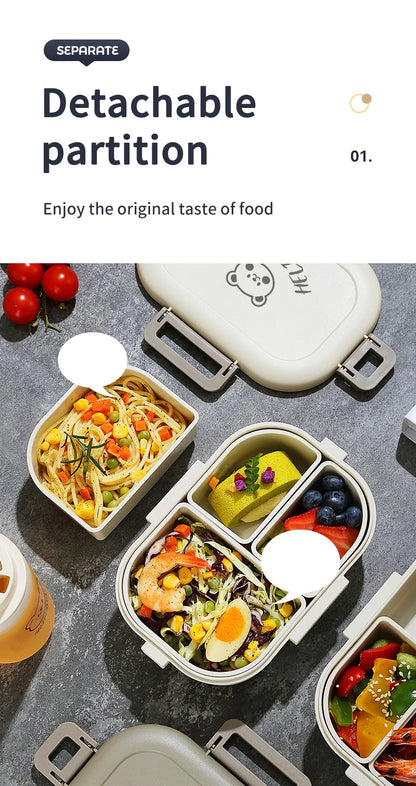 WORTHBUY Portable Plastic Bento Lunch Box With 3 Removable Compartment Leak-proof Microwave Salad Food Container For Kids School.