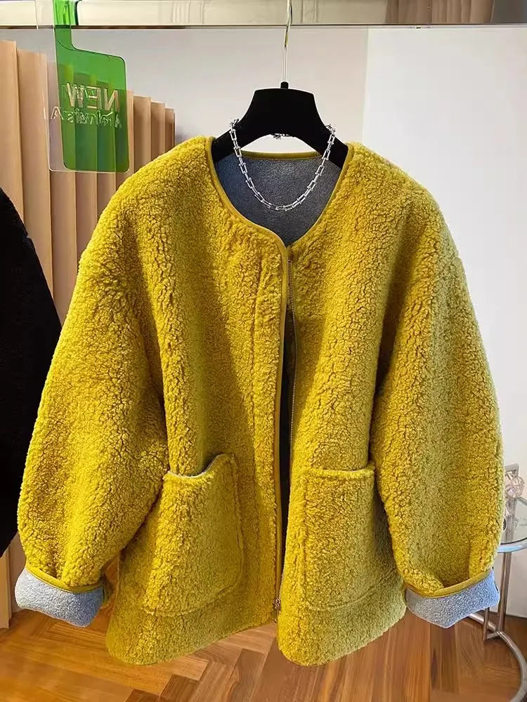 Hochwertige Lammwolljacke für Damen, lockerer warmer Samtmantel, 2025, neuer Frühling und Herbst, große Taschen, modische Oberbekleidung, M-3XL.