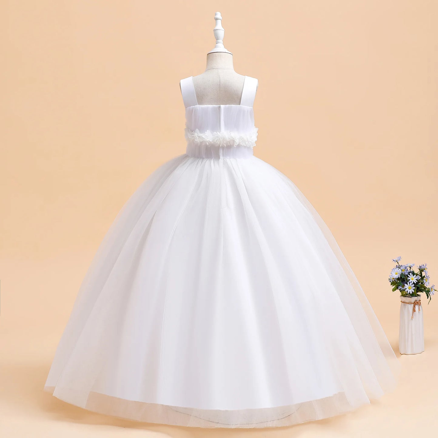 Mädchen Partykleider Weiß Langes Hochzeit Brautjungfer Prinzessin Kleid Abend Tüllkleid Abschlussball Klavier Performance Kleid