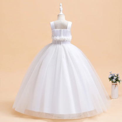 Mädchen Partykleider Weiß Langes Hochzeit Brautjungfer Prinzessin Kleid Abend Tüllkleid Abschlussball Klavier Performance Kleid
