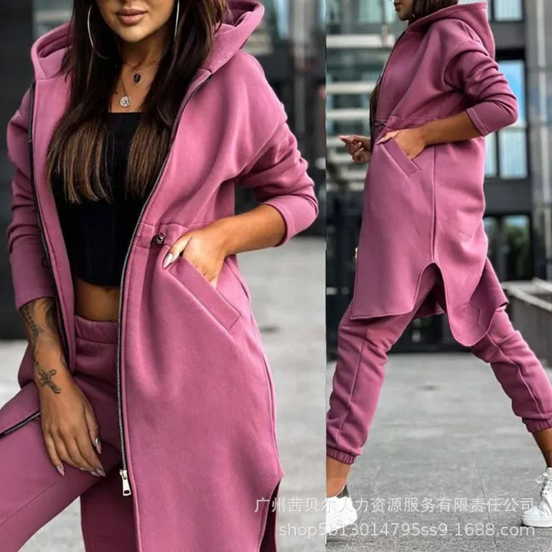 Autumn Winter New Women's Hooded Jacket Trousers Suit Casual Everyday Joker Two-Piece Set.