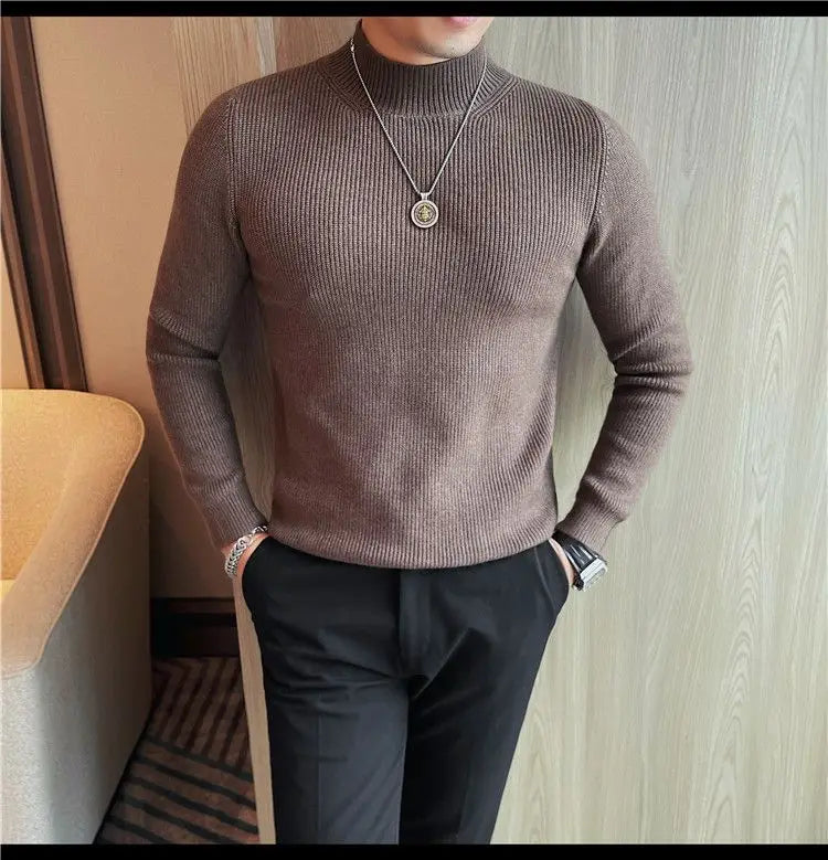 Half Turtleneck Sweater Men with Striped Wool in Autumn Winter Thickened Slightly Loose Base Knitted