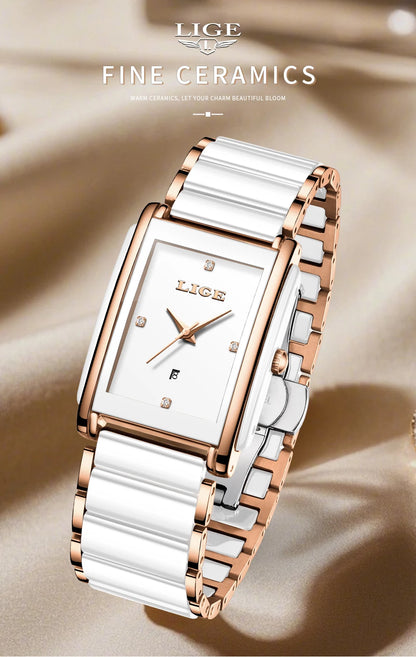 LIGE Fashion Square Quartz Woman Watches Ceramics Elegant Simple Diamond Auto Date Romantic Birthday Gift Leisure Wristwatch New.