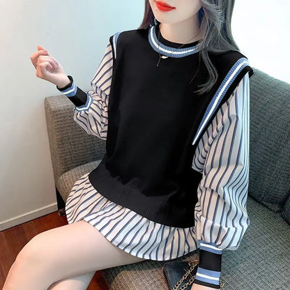 Autumn Preppy Style Patchwork O-neck Fake Two Pieces Top Tee Female Casual Striped Long Sleeve Sweatshirts Women Clothes Tshirt.