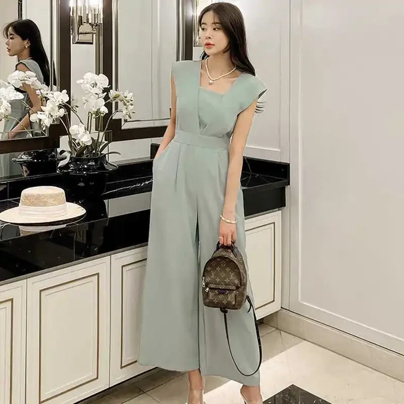 Slimming High Waist Wide Leg Pants Korean Style Fashionable Women's One-Piece Jumpsuit Summer New Arrival Simple Elegant.