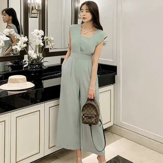 Slimming High Waist Wide Leg Pants Korean Style Fashionable Women's One-Piece Jumpsuit Summer New Arrival Simple Elegant.