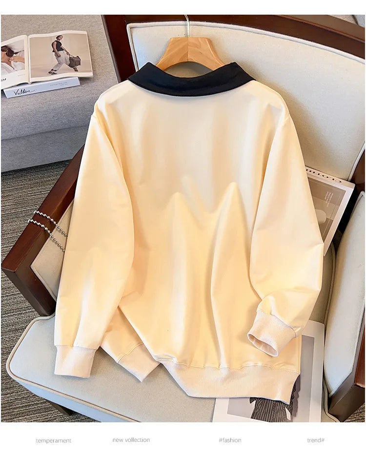 175kg plus size Damen büste Herbst lose Revers Sweatshirt Langarm lässig Top schwarz Aprikose 6xl 7xl 8xl 9xl 10xl 11xl