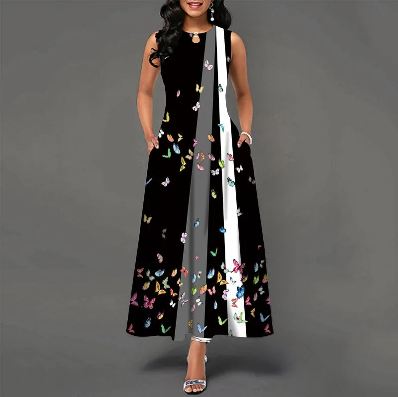 Blumendruck Neues lässiges ärmelloses langes Kleid Damen V-Ausschnitt bedrucktes Kleid Swing Bohemian Retro Kleider