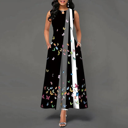 Blumendruck Neues lässiges ärmelloses langes Kleid Damen V-Ausschnitt bedrucktes Kleid Swing Bohemian Retro Kleider