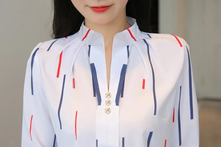 Stripe Women Blouse Fashion Standing Collar Women's Shirt Long Sleeved Shirts and Blouses Printing Ladies Tops Basic Womens Tops.