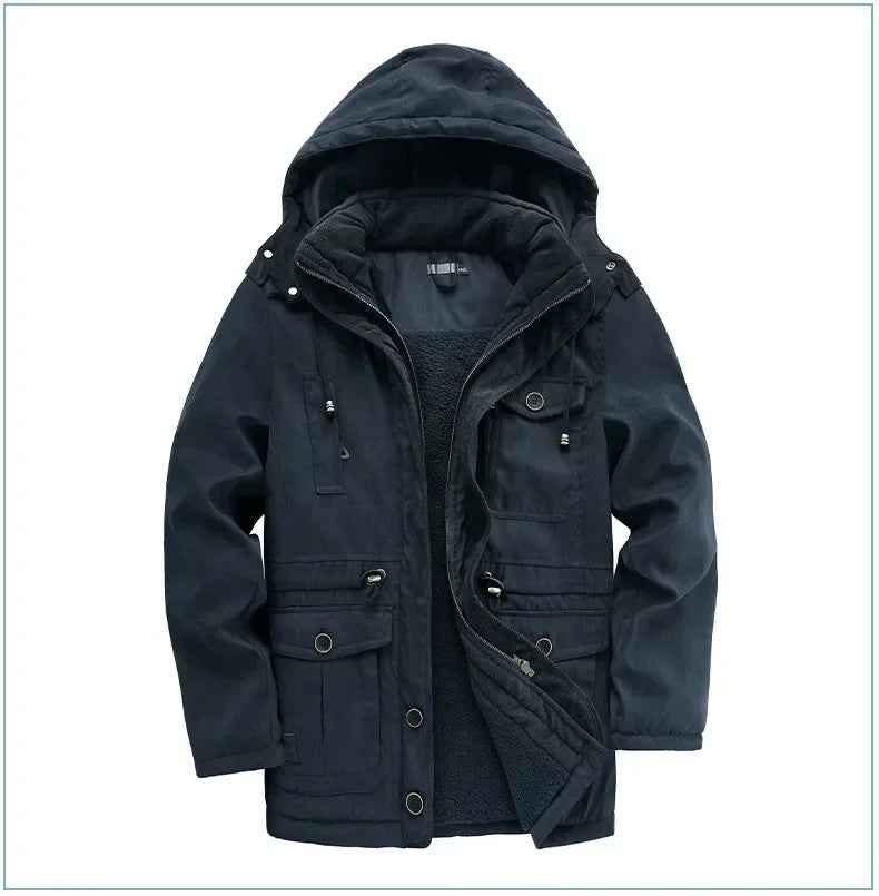 Men's Jacket WINTER USA SIZE Large SIZE Lamb Fleece JACKETS Hooded Cotton Thickened Multi Pocket Casual Mid length Coat