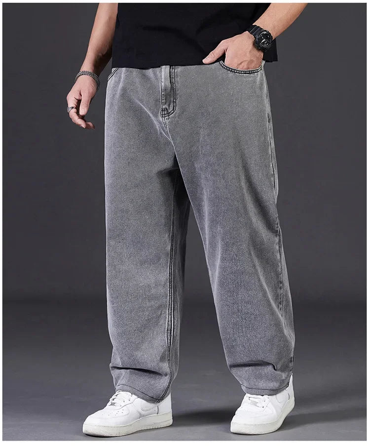 Plus Size Jeans Men's Autumn Loose-Fit Straight-Leg Casual Denim Pants Elastic Waist Wide-Leg Design For Plus Size Men
