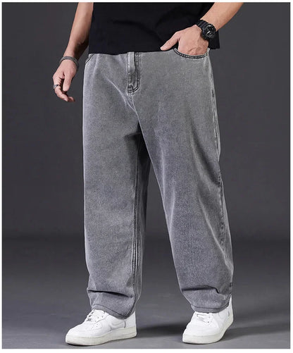 Plus Size Jeans Men's Autumn Loose-Fit Straight-Leg Casual Denim Pants Elastic Waist Wide-Leg Design For Plus Size Men