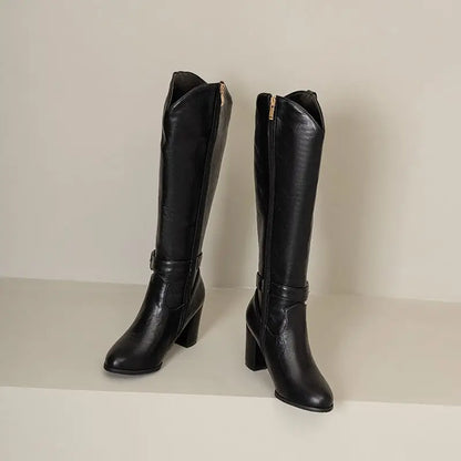 Girseaby British Style Women Knee High Boots Round Toe Block Heel 7.5cm Zipper Plus Size 51 52 Fashion Riding Bota