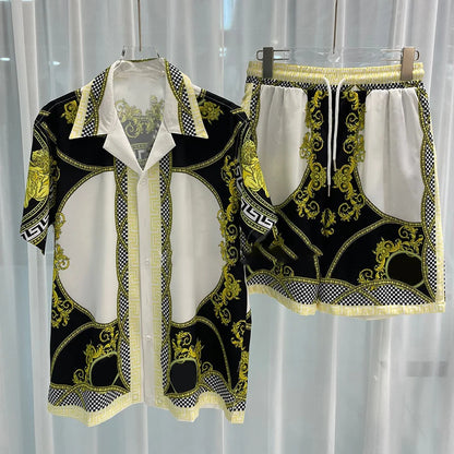 Royal luxury digital printed men's set fashion two-piece shorts set high-quality summer short sleeved shirt Allen Sen Trendy Clo.