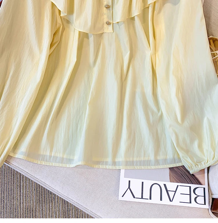 2025 French Large Size Long Sleeve O-neck Solid Color Loose Ruffle Shirt Ladies Spring Autumn Plus Size Blouses for Women.